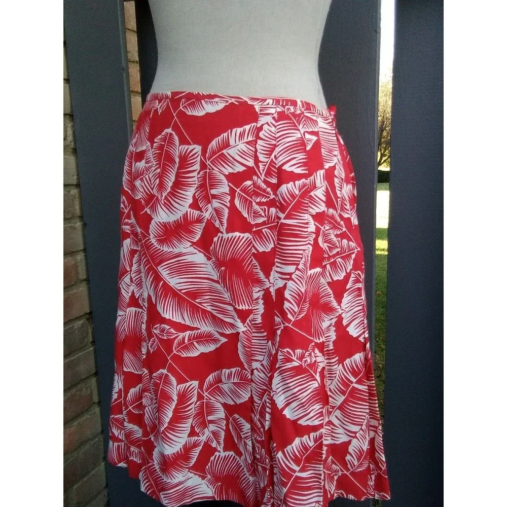 nine west skirt 4 red white Palm Leaves viscose blend summer knee lenght
